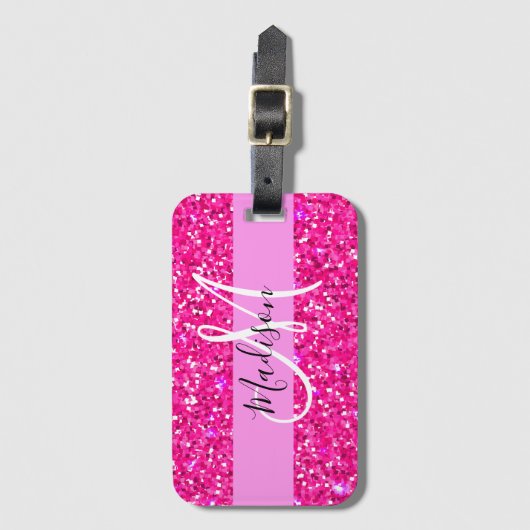 Glam Girly Hot Pink Glitter Sparkles Name Monogram Bagagelabel (Voorkant (verticaal))