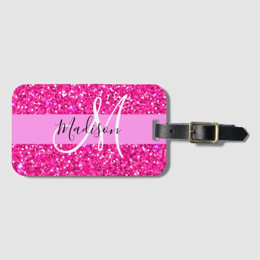 Glam Girly Hot Pink Glitter Sparkles Name Monogram Bagagelabel (Voorkant (horizontaal))