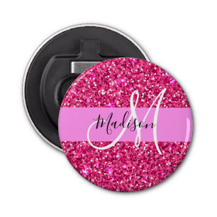 Glam Girly Hot Pink Glitter Sparkles Name Monogram Button Flesopener