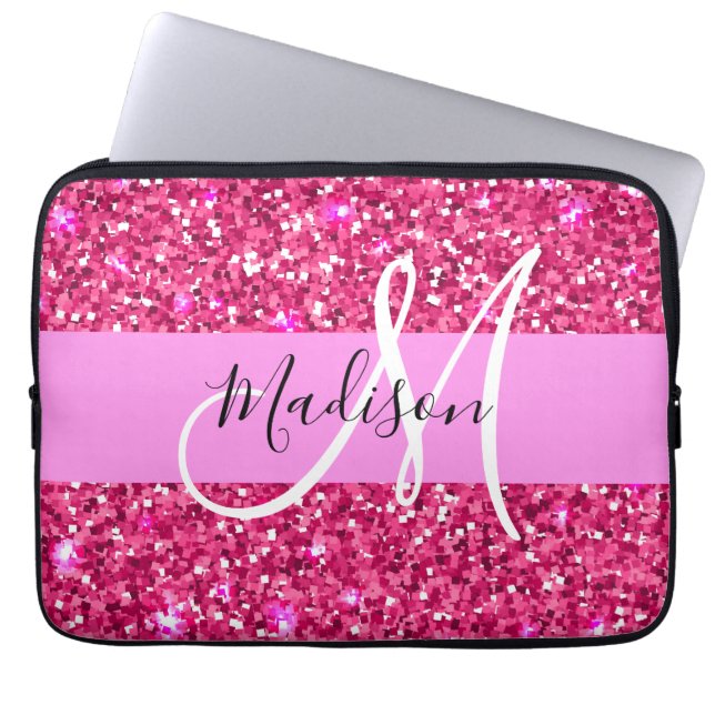Glam Girly Hot Pink Glitter Sparkles Name Monogram Laptop Sleeve (Voorkant)