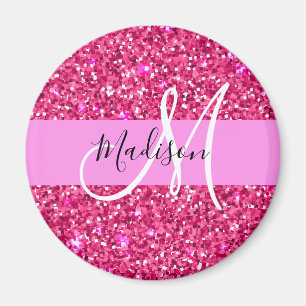 Glam Girly Hot Pink Glitter Sparkles Name Monogram Magneet