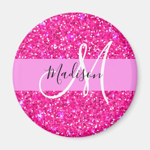 Glam Girly Hot Pink Glitter Sparkles Name Monogram Magneet