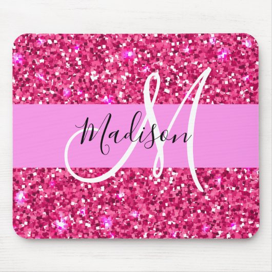Glam Girly Hot Pink Glitter Sparkles Name Monogram Muismat (Voorkant)