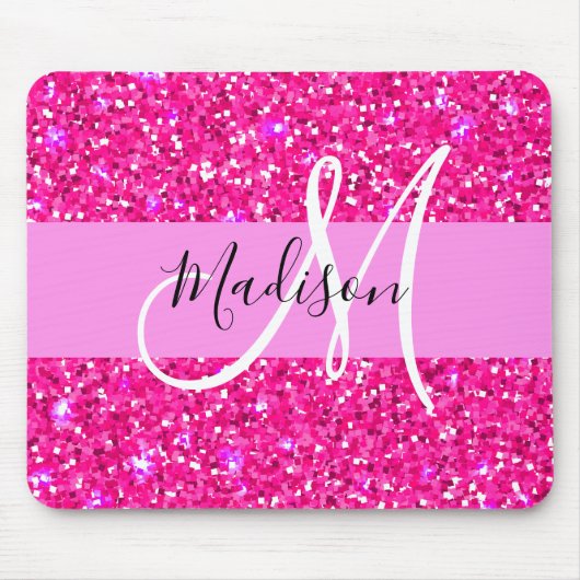 Glam Girly Hot Pink Glitter Sparkles Name Monogram Muismat (Voorkant)