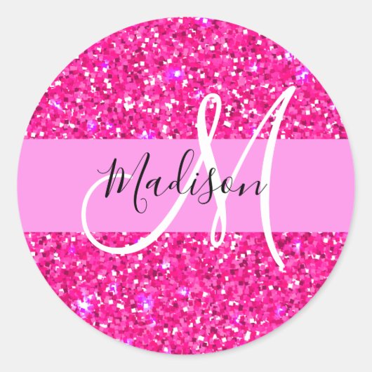 Glam Girly Hot Pink Glitter Sparkles Name Monogram Ronde Sticker (Voorkant)