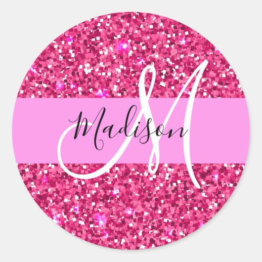 Glam Girly Hot Pink Glitter Sparkles Name Monogram Ronde Sticker (Voorkant)