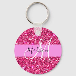 Glam Girly Hot Pink Glitter Sparkles Name Monogram Sleutelhanger