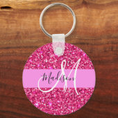 Glam Girly Hot Pink Glitter Sparkles Name Monogram Sleutelhanger (Voorkant)