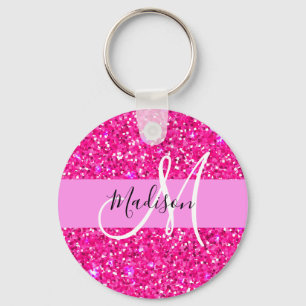 Glam Girly Hot Pink Glitter Sparkles Name Monogram Sleutelhanger