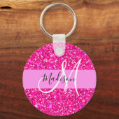 Glam Girly Hot Pink Glitter Sparkles Name Monogram Sleutelhanger (Voorkant)