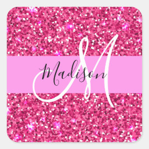 Glam Girly Hot Pink Glitter Sparkles Name Monogram Vierkante Sticker
