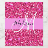 Glam Girly Hot Pink Glitter Sparkles Name Monogram Wijn Etiket (Enkel label)