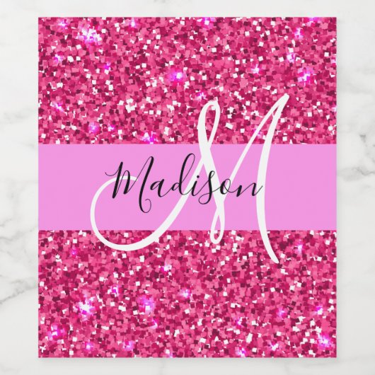 Glam Girly Hot Pink Glitter Sparkles Name Monogram Wijn Etiket (Enkel label)