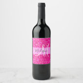 Glam Girly Hot Pink Glitter Sparkles Name Monogram Wijn Etiket (Voorkant)