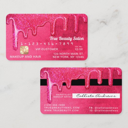 Glam Girly Neon Pink Thick Glitter Druppelt Kredie Visitekaartje (Voorkant / Achterkant)