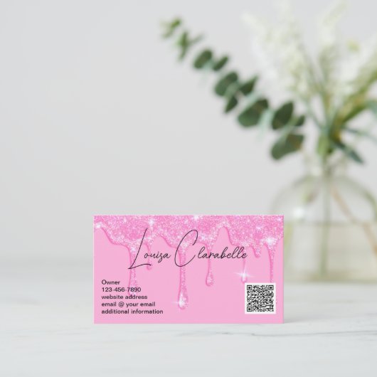 Glam Girly Pink Glitter Drives Voeg QR-code toe Visitekaartje (Staand voorkant)