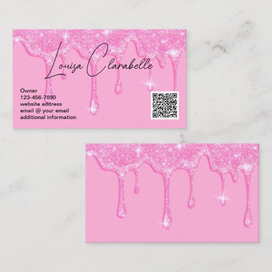 Glam Girly Pink Glitter Drives Voeg QR-code toe Visitekaartje (Voorkant / Achterkant)