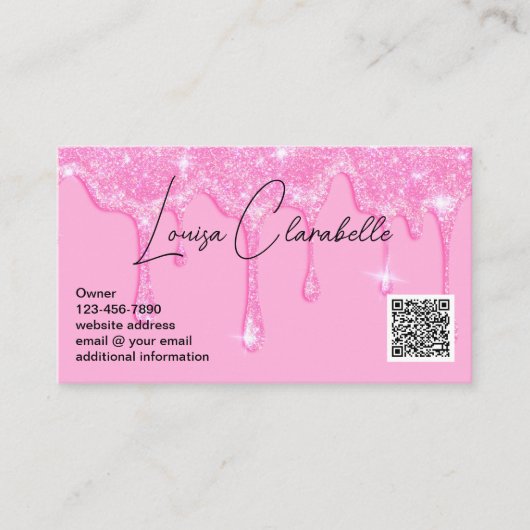 Glam Girly Pink Glitter Drives Voeg QR-code toe Visitekaartje (Voorkant)
