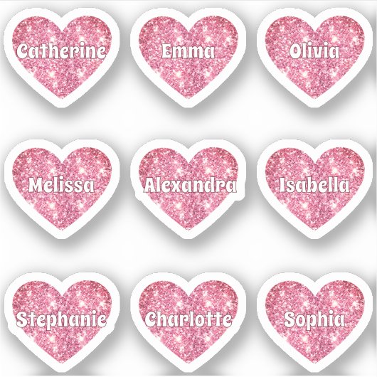 Glam Girly Pink Glitter Hearts Namen Pack Sticker (Voorkant)