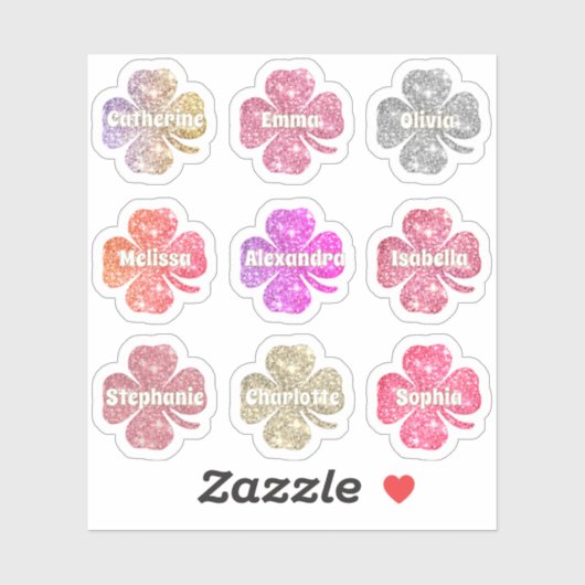 Glam Girly Pink Glitter Lucky Clover Names Pack Sticker (Vel)