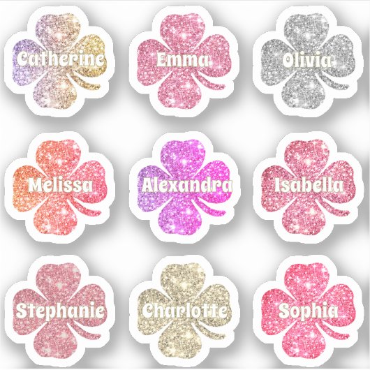 Glam Girly Pink Glitter Lucky Clover Names Pack Sticker (Voorkant)