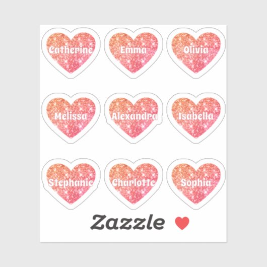 Glam Girly Red Oranje Glitter Hearts Namen Pack Sticker (Vel)