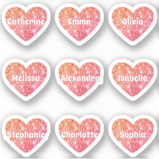 Glam Girly Red Oranje Glitter Hearts Namen Pack Sticker (Voorkant)