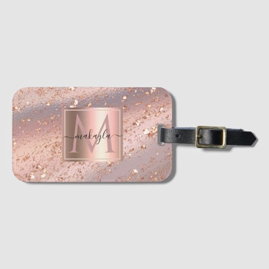 Glam Girly Roos Gold Flakes Gitter Monogram Bagagelabel (Voorkant (horizontaal))
