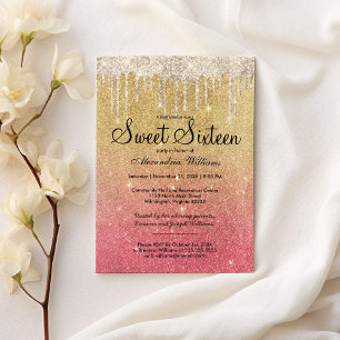 Glam girly roze goudmakreeldruppels Sweet 16 Kaart