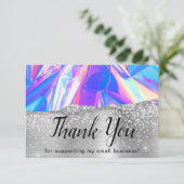 Glam Girly Silver Glitter Holographic Business Bedankkaart (Staand voorkant)