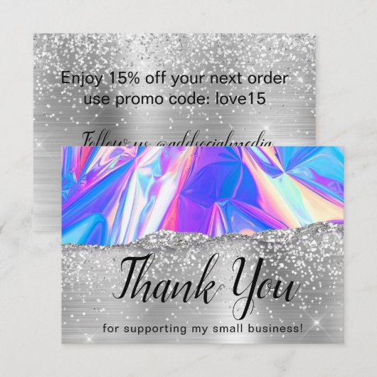 Glam Girly Silver Glitter Holographic Business Bedankkaart (Voorkant / Achterkant)