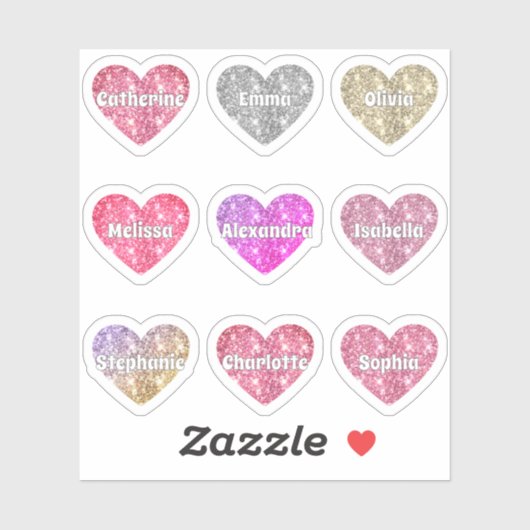 Glam Girly Sparkle Glitter Hearts Namen Pack Sticker (Vel)