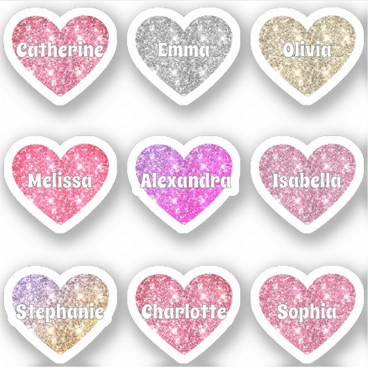 Glam Girly Sparkle Glitter Hearts Namen Pack Sticker (Voorkant)