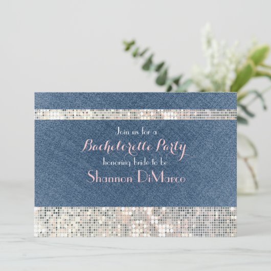 Glam Glamour Denim Sequins Glitz Party Uitnodiging (Staand voorkant)
