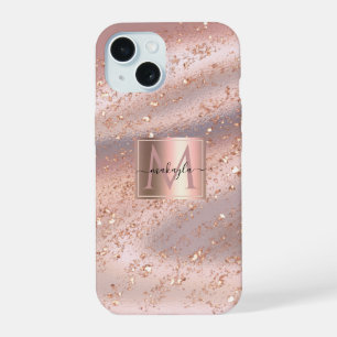 Glam Glamour Roze Goud Vlokken Gitter Monogram iPhone 15 Case