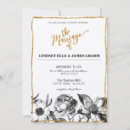 Glam Glitter Black en White Floral Wedding Invite Kaart