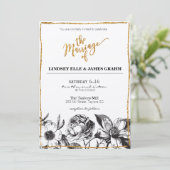 Glam Glitter Black en White Floral Wedding Invite Kaart (Staand voorkant)