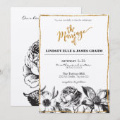 Glam Glitter Black en White Floral Wedding Invite Kaart (Voorkant / Achterkant)