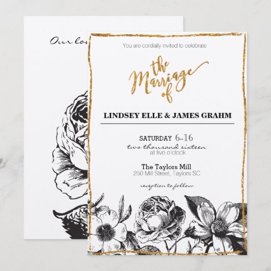 Glam Glitter Black en White Floral Wedding Invite Kaart (Voorkant / Achterkant)