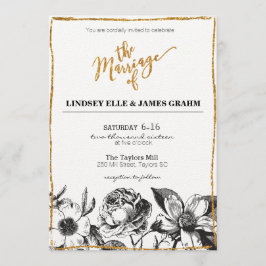Glam Glitter Black en White Floral Wedding Invite Kaart
