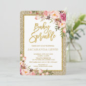 Glam Glitter Blush Roze Bloemen Baby shower Uitnod Kaart (Staand voorkant)
