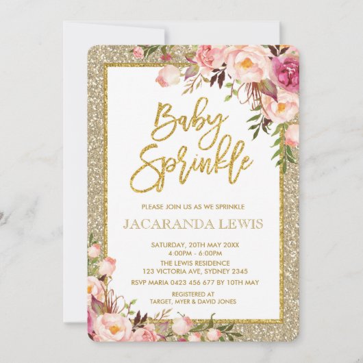 Glam Glitter Blush Roze Bloemen Baby shower Uitnod Kaart (Voorkant)