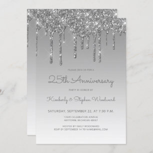 Glam Glitter Drip Silver 25th Jubileum Party Kaart