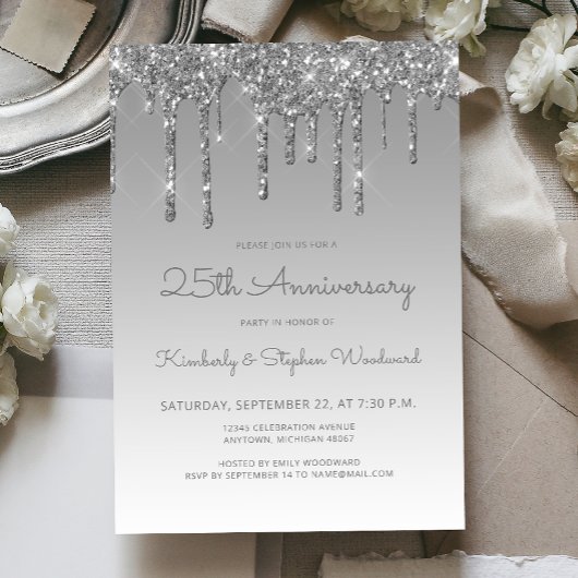 Glam Glitter Drip Zilveren 25e Verjaardagsfeestje Kaart