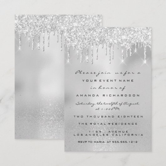 Glam Glitter Drips Grey Silver Bridal Sweet 16th Kaart (Voorkant / Achterkant)