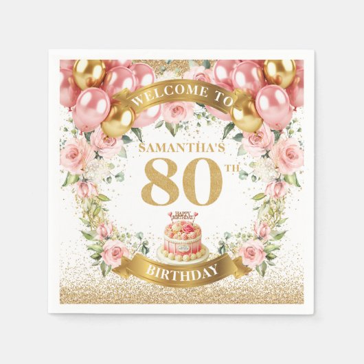 Glam Glitter Goud 80e Verjaardag Viering Servet (Voorkant)