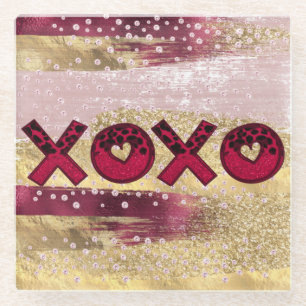 Glam Glitter Goud Rood Luxe XOXO Valentijnsdag Glazen Onderzetter