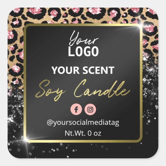 Glam Glitter Leopard Skin Black Soy Candle Labels (Voorkant)