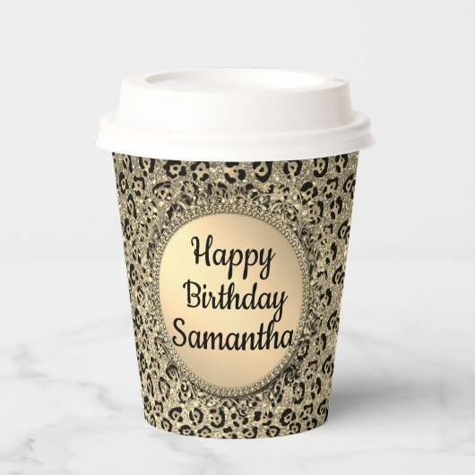 Glam Glitter-leopardpapier Papieren Bekers (Voorkant)
