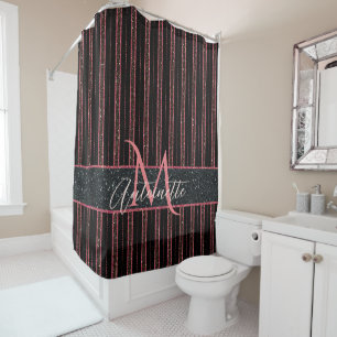 Glam Glitter Monogramme Name Black and Pink Douchegordijn